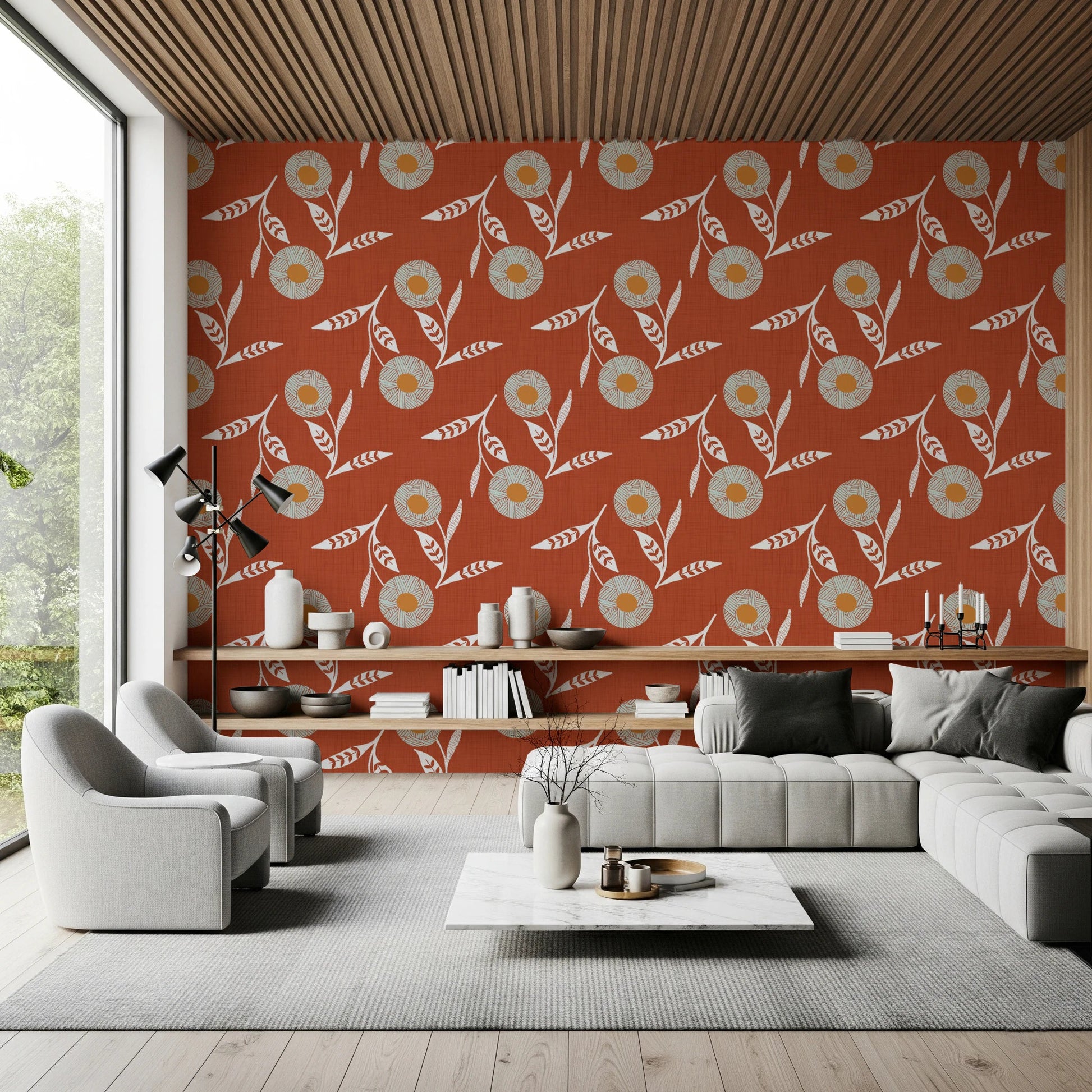 Statement living area featuring clay-toned florals across a bold Scandinavian backdrop, GD8613
