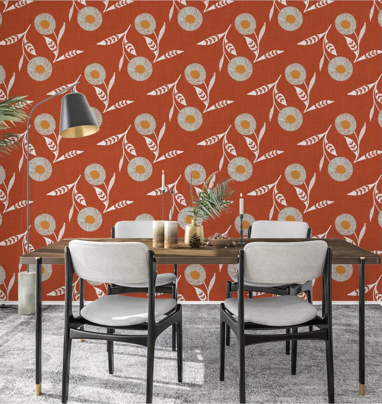 Dining corner energized by burnt terracotta floral wallpaper with a warm crafted feel, GD8613