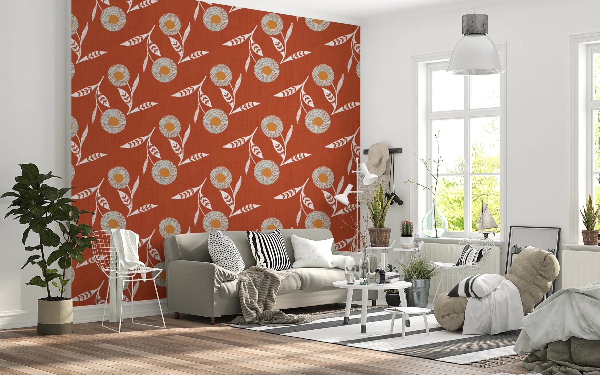 Bright lounge setting brought alive by crafted botanicals in sunbaked orange tones, GD8613