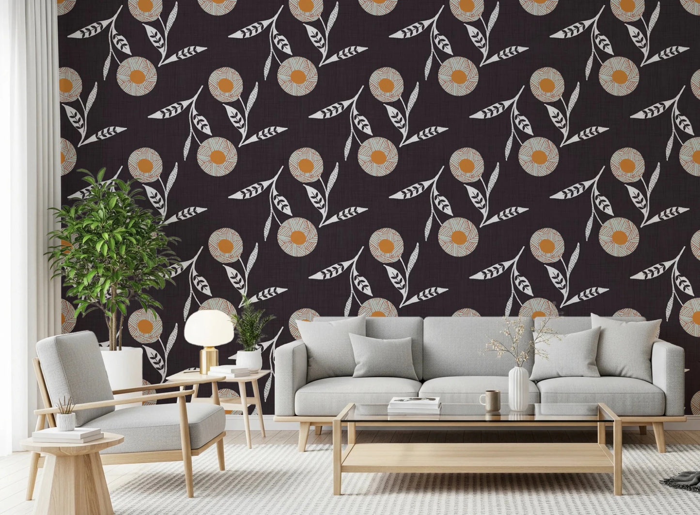 Modern sofa zone balanced by a moody flower pattern and gentle Nordic styling
