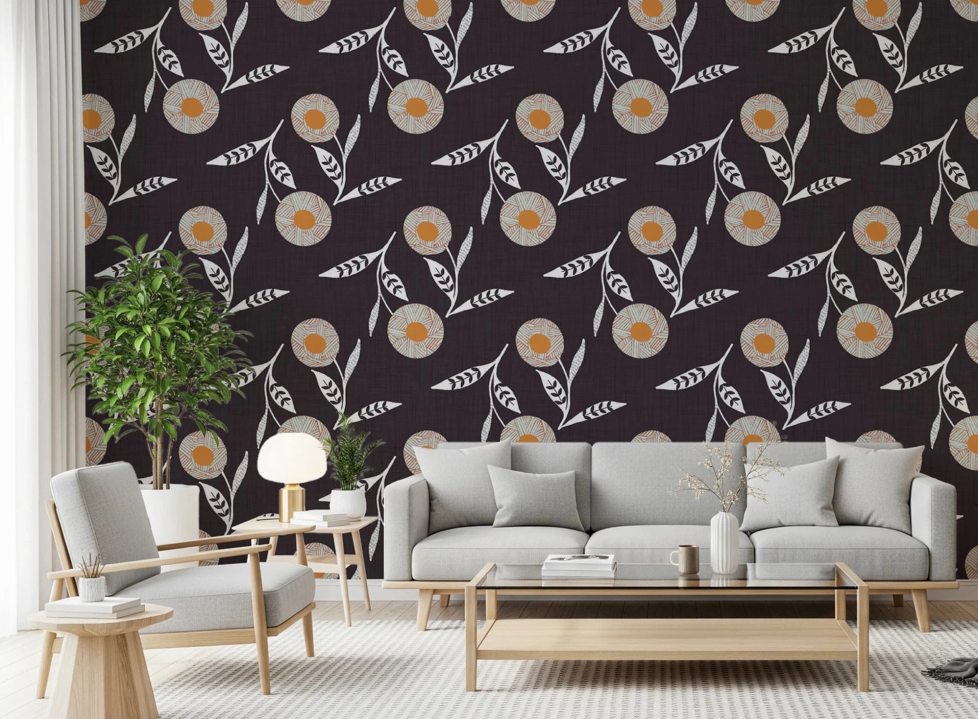 Modern sofa zone balanced by a moody flower pattern and gentle Nordic styling
