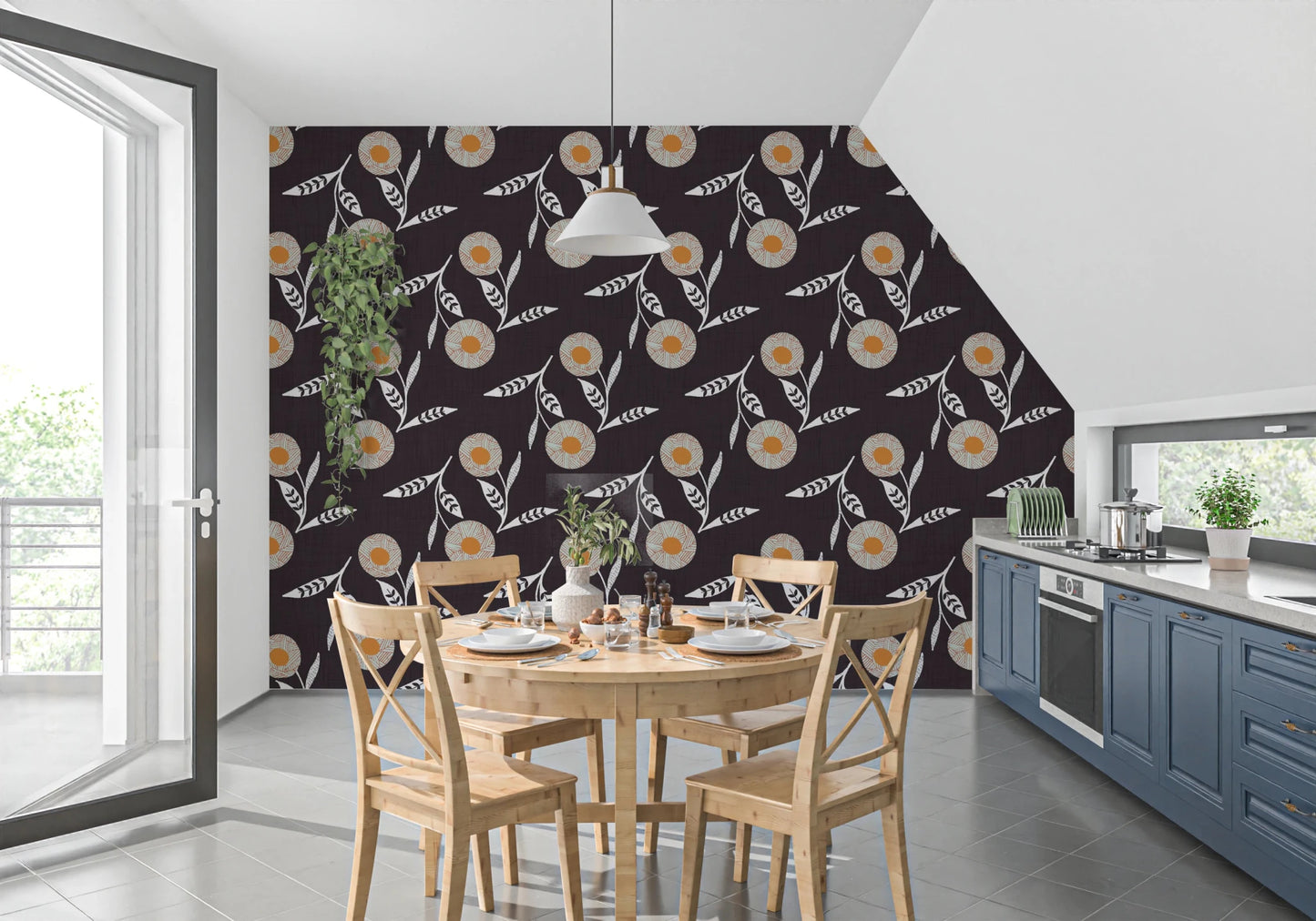 Attic dining space showing bold floral repeats against a grounded charcoal base