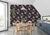 Attic dining space showing bold floral repeats against a grounded charcoal base