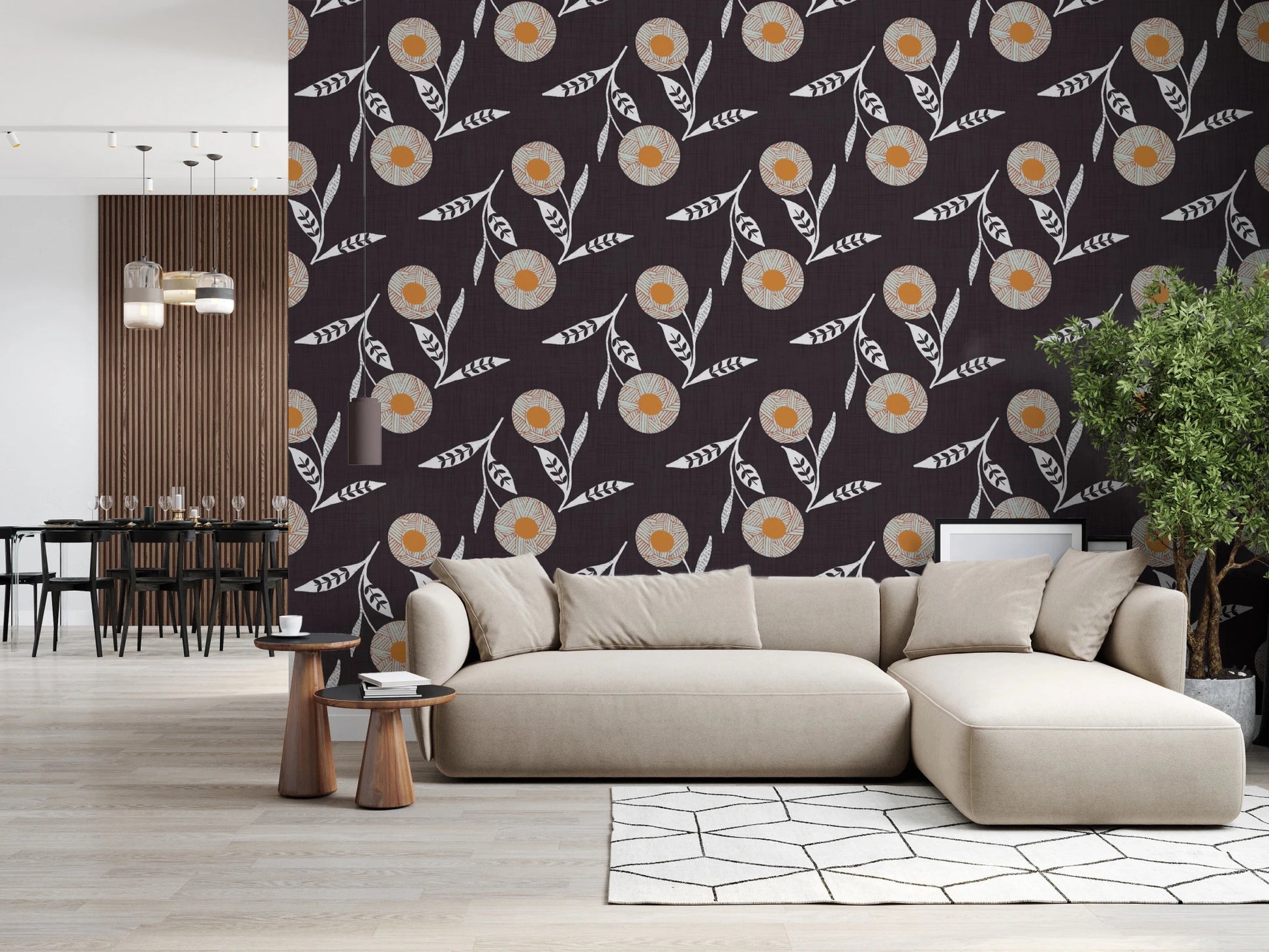 Open-plan seating area enriched by deep floral motifs and a cozy crafted feel