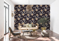 Sunlit sitting nook featuring dark Scandi botanicals with playful ivory blooms