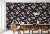 Breakfast area framed by hand-drawn blooms and a softly textured dark finish