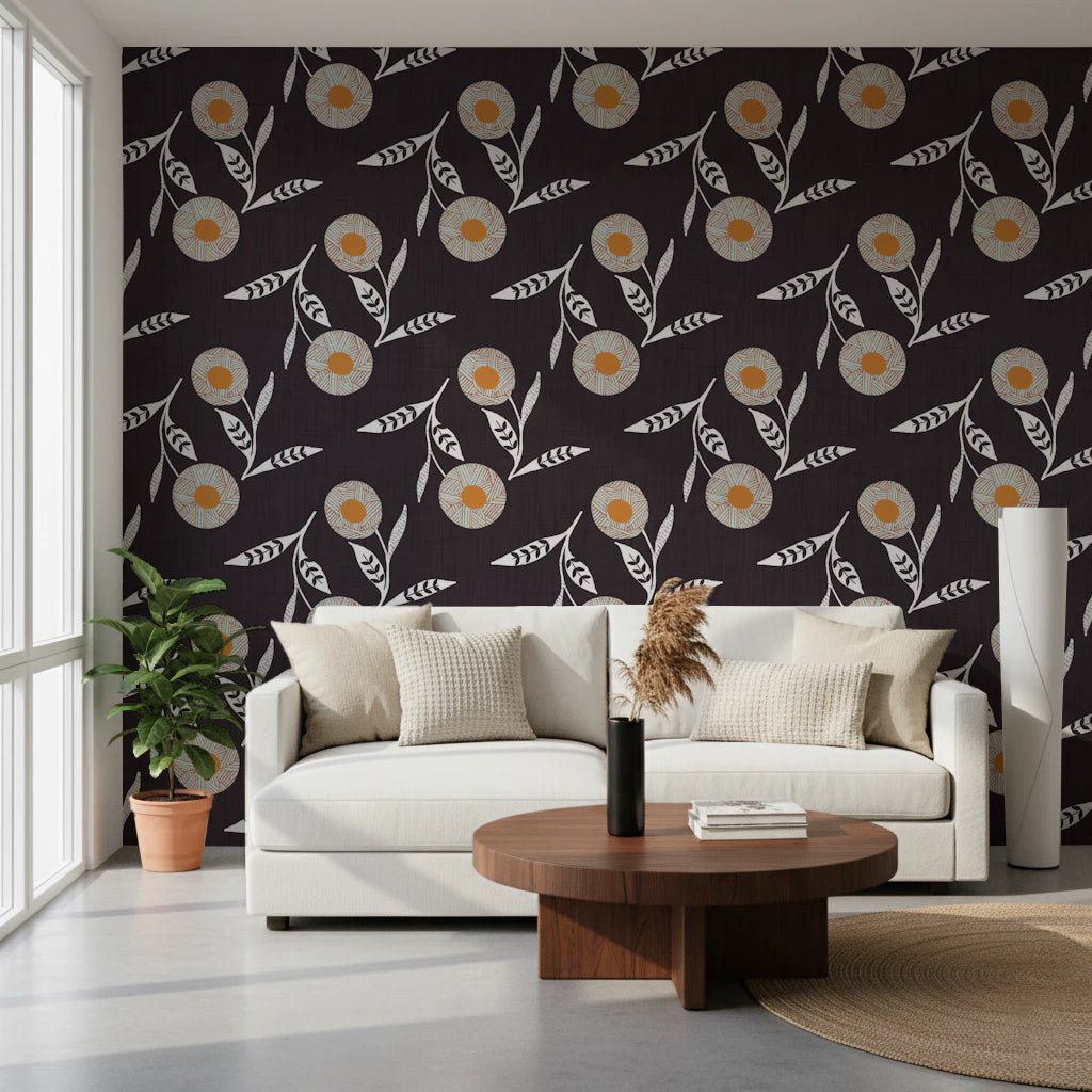 Compact living spot lifted through ivory blossoms on a rich charcoal surface
