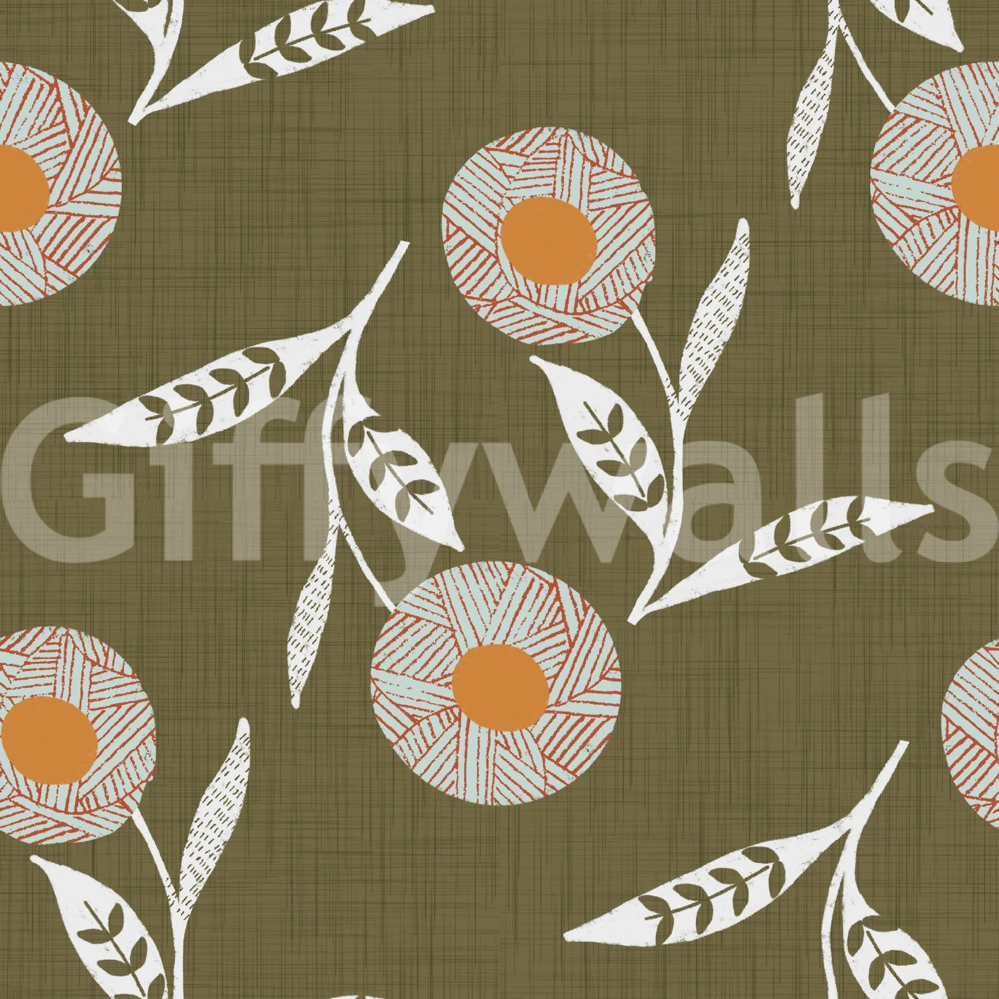 Cozy Scandi Flower Earthy Olive botanical wallpaper with stitched floral repeat, GD8612
