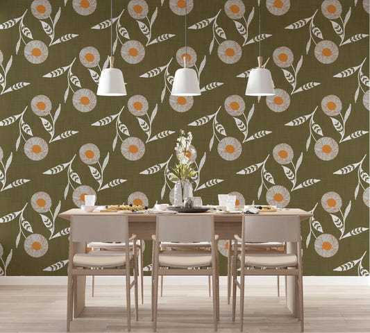 Dining room styled with Cozy Scandi Flower Earthy Olive wallpaper behind table setup