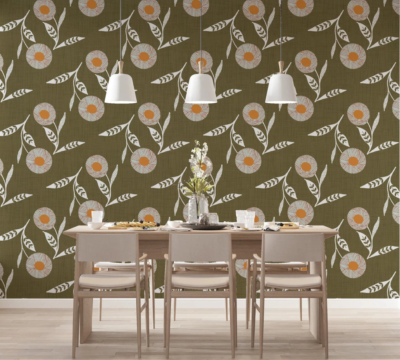 Dining room styled with Cozy Scandi Flower Earthy Olive wallpaper behind table setup