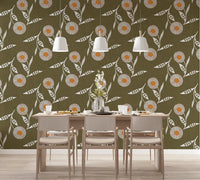 Dining room styled with Cozy Scandi Flower Earthy Olive wallpaper behind table setup, GD8612