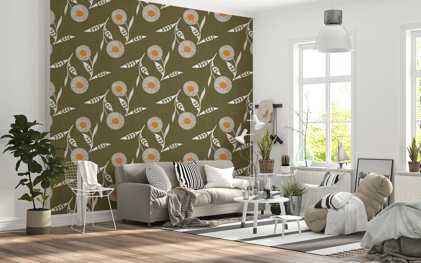 Open living area finished in Cozy Scandi Flower Earthy Olive wallpaper with seating, GD8612