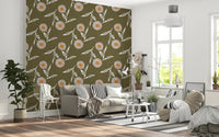 Open living area finished in Cozy Scandi Flower Earthy Olive wallpaper with seating, GD8612