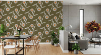 Living room featuring Cozy Scandi Flower Earthy Olive wallpaper with sofa and plants, GD8612