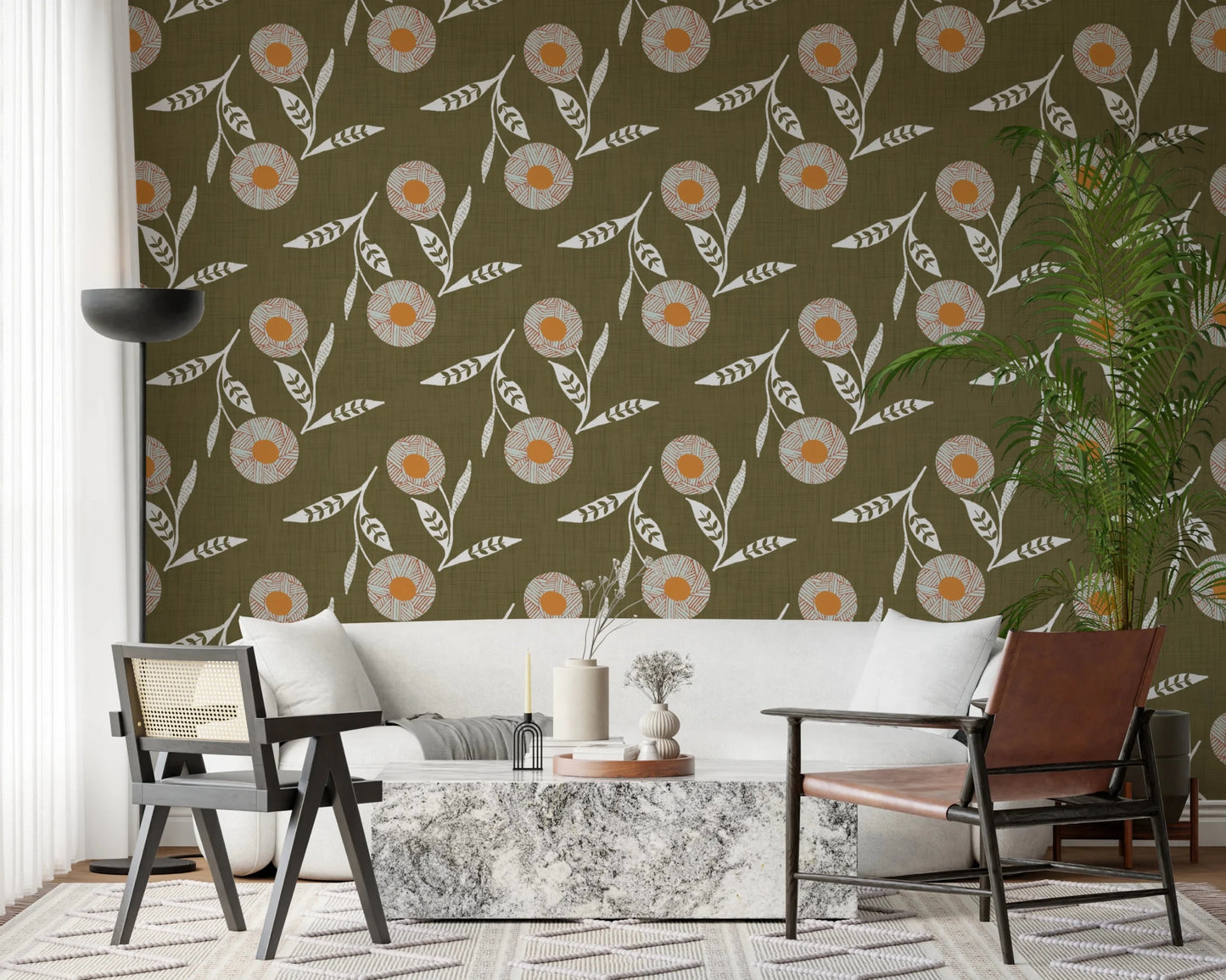 Minimal dining setup with Cozy Scandi Flower Earthy Olive wallpaper and light tones, GD8612