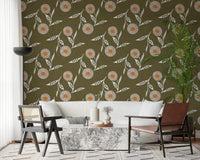 Minimal dining setup with Cozy Scandi Flower Earthy Olive wallpaper and light tones, GD8612