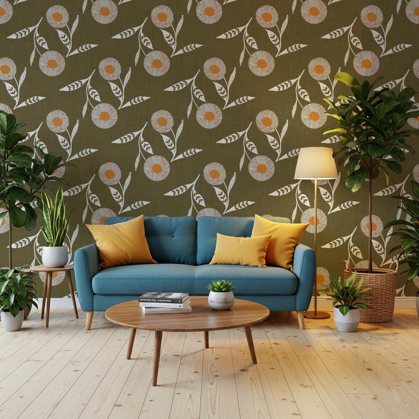 Cozy sitting room styled in Cozy Scandi Flower Earthy Olive wallpaper with cushions, GD8612