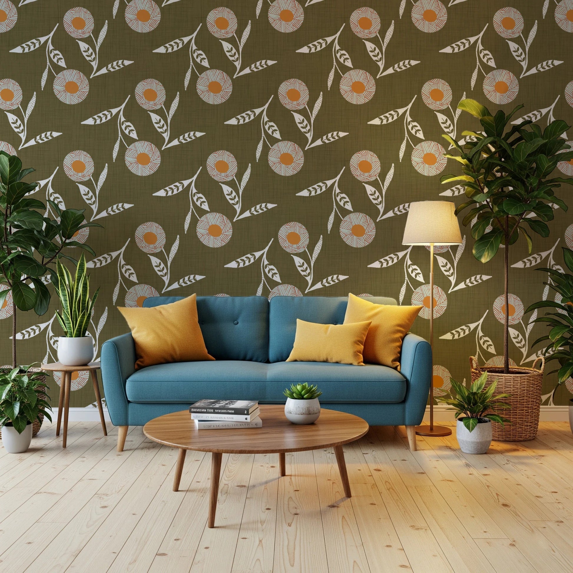 Cozy sitting room styled in Cozy Scandi Flower Earthy Olive wallpaper with cushions, GD8612