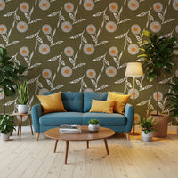 Cozy sitting room styled in Cozy Scandi Flower Earthy Olive wallpaper with cushions, GD8612