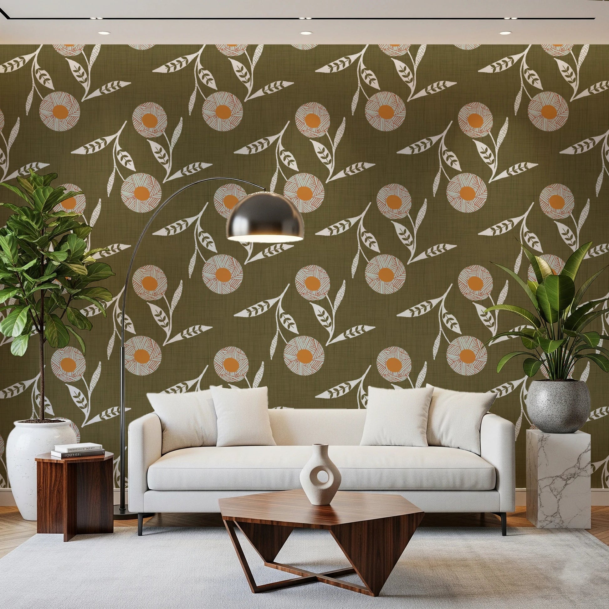 Apartment living space using Cozy Scandi Flower Earthy Olive wallpaper full wall, GD8612