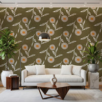 Apartment living space using Cozy Scandi Flower Earthy Olive wallpaper full wall, GD8612