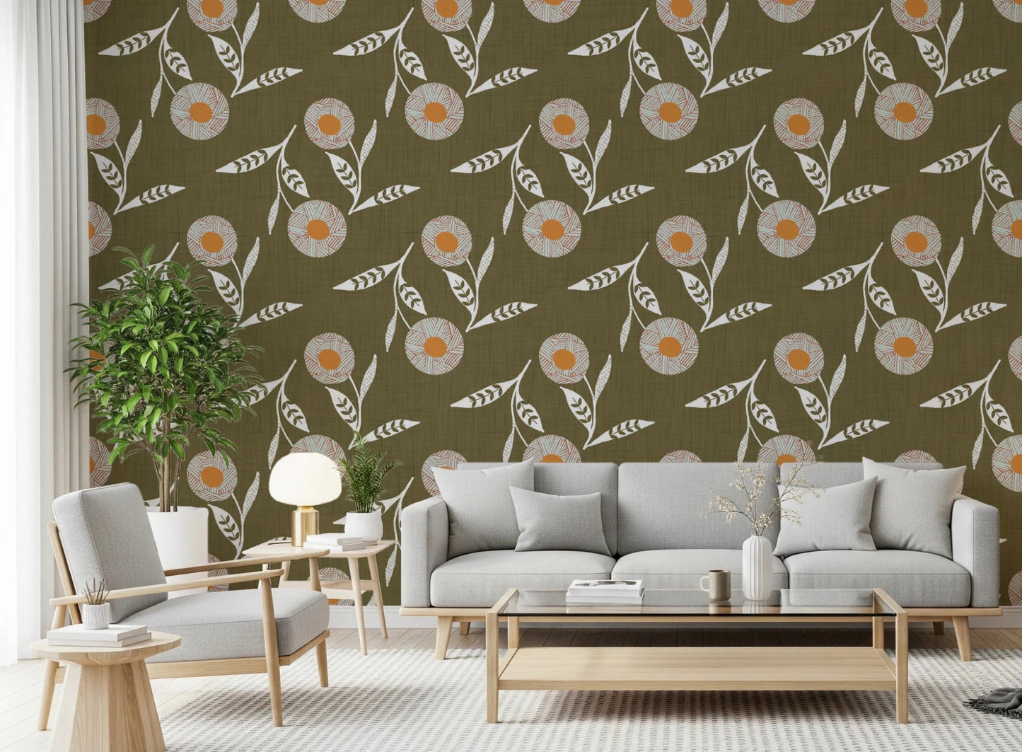 Relaxed lounge interior with Cozy Scandi Flower Earthy Olive wallpaper and decor, GD8612