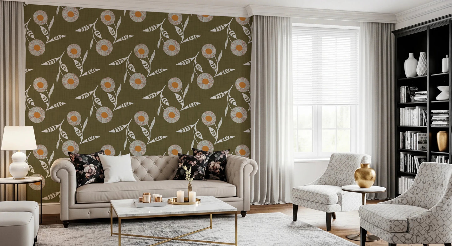 Modern living room showcasing Cozy Scandi Flower Earthy Olive wallpaper backdrop, GD8612