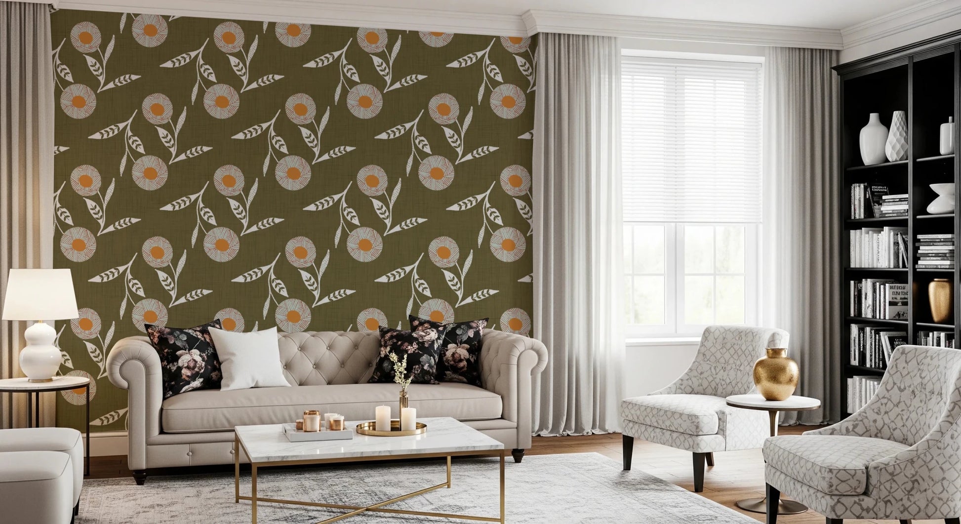 Modern living room showcasing Cozy Scandi Flower Earthy Olive wallpaper backdrop, GD8612