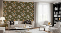 Modern living room showcasing Cozy Scandi Flower Earthy Olive wallpaper backdrop, GD8612