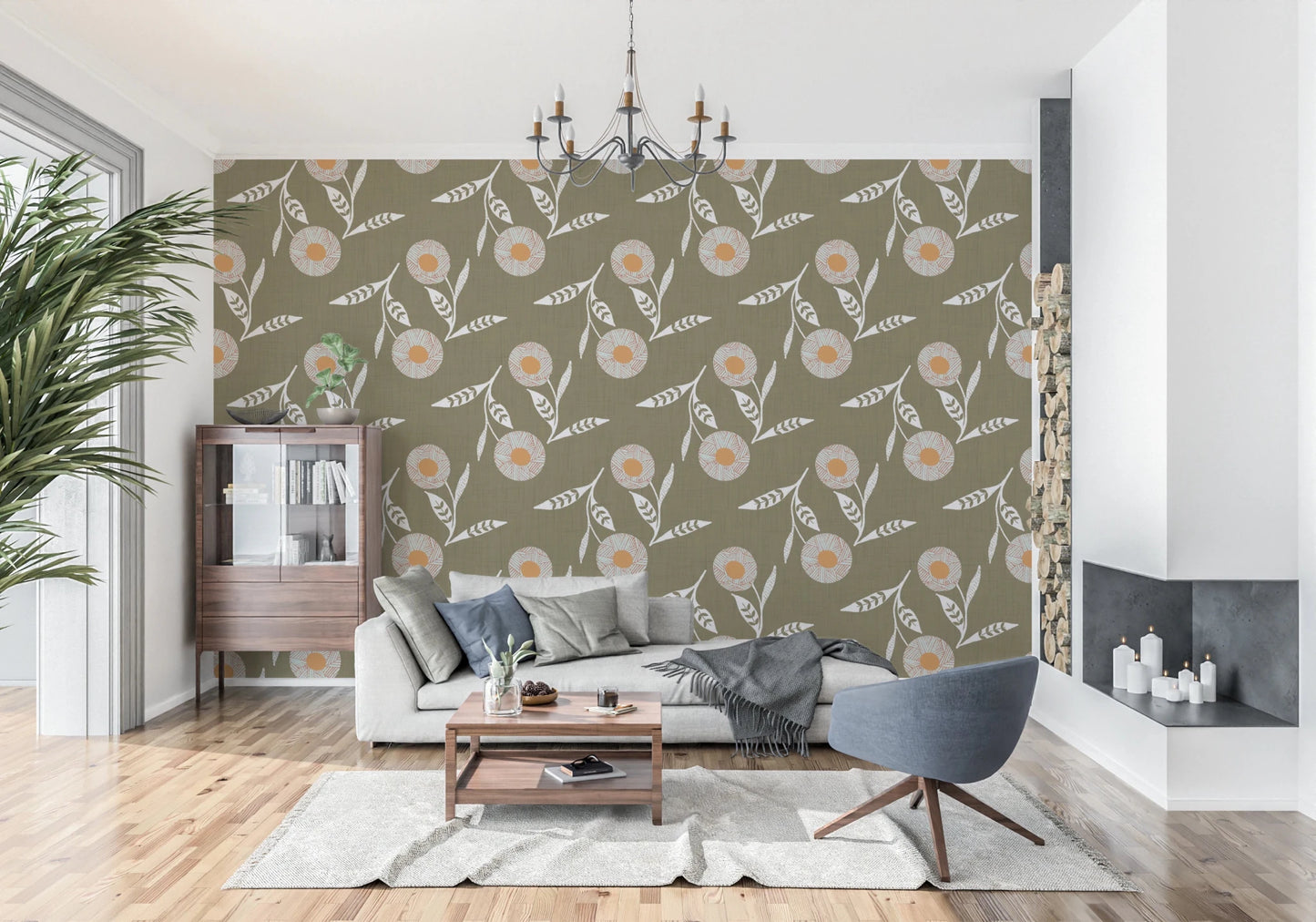 Bright lounge space using Cozy Scandi Flower Earthy Olive wallpaper across main wall, GD8612
