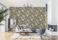Bright lounge space using Cozy Scandi Flower Earthy Olive wallpaper across main wall, GD8612