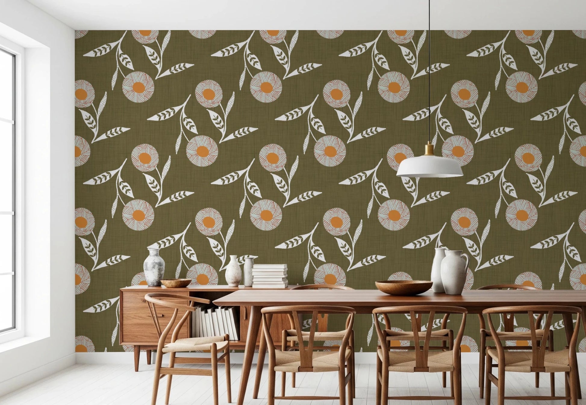 Dining  room with Cozy Scandi Flower Earthy Olive wallpaper pattern, GD8612