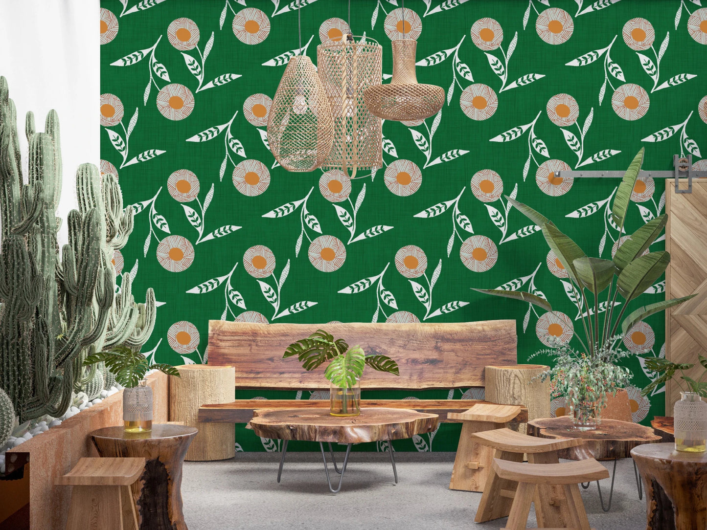 Dining lounge brought to life with forest green flowers and a handcrafted pattern