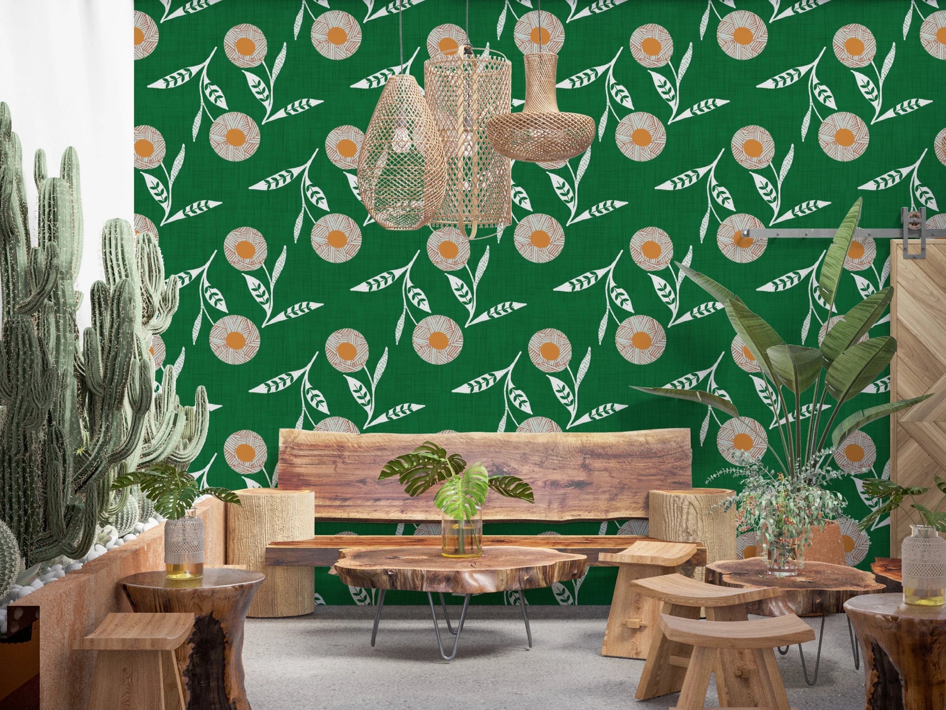 Dining lounge brought to life with forest green flowers and a handcrafted pattern