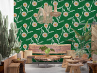 Dining lounge brought to life with forest green flowers and a handcrafted pattern