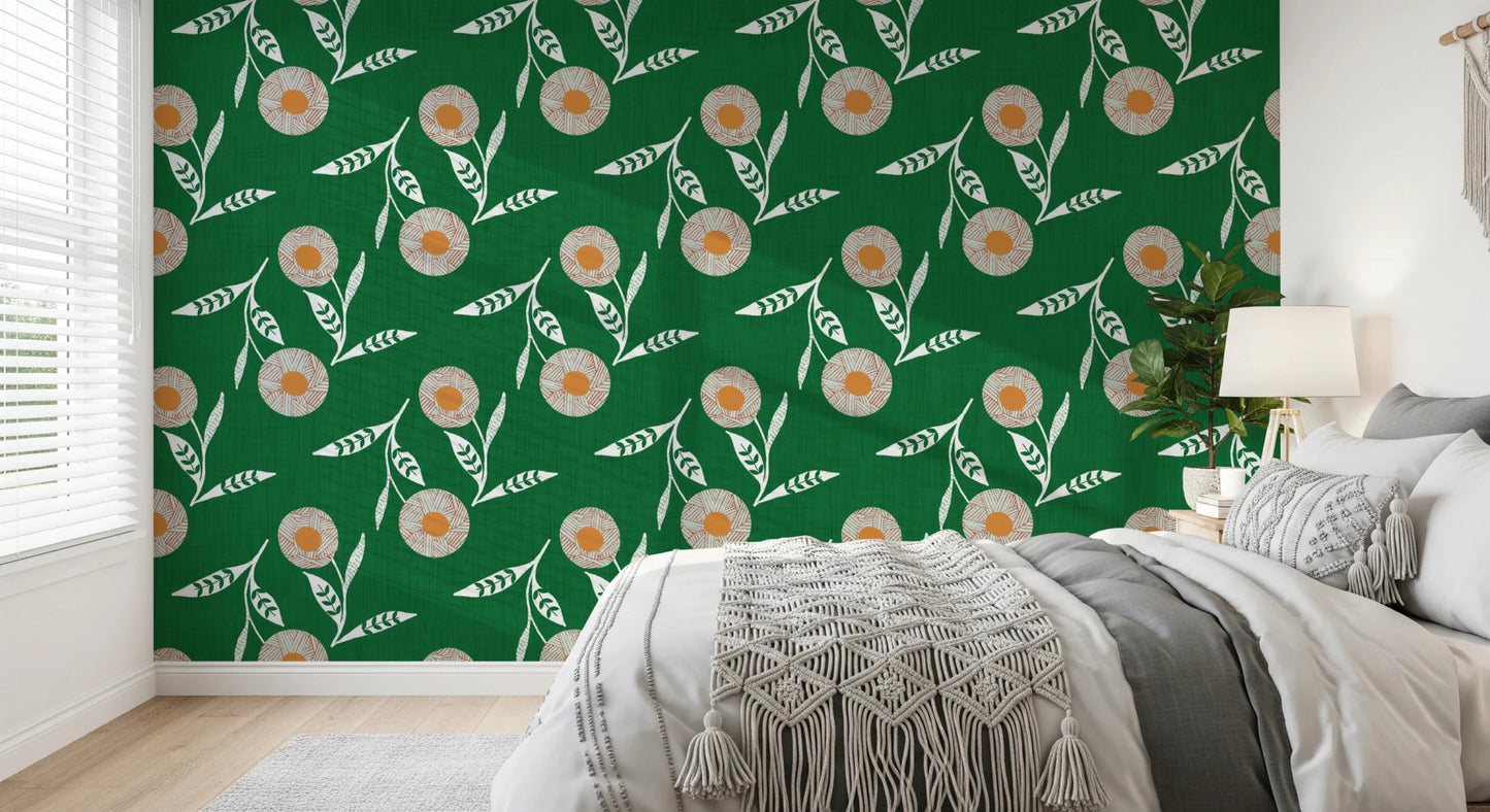 Restful sleep space paired with floral wallpaper in a dark green crafted finish