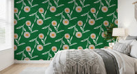 Restful sleep space paired with floral wallpaper in a dark green crafted finish