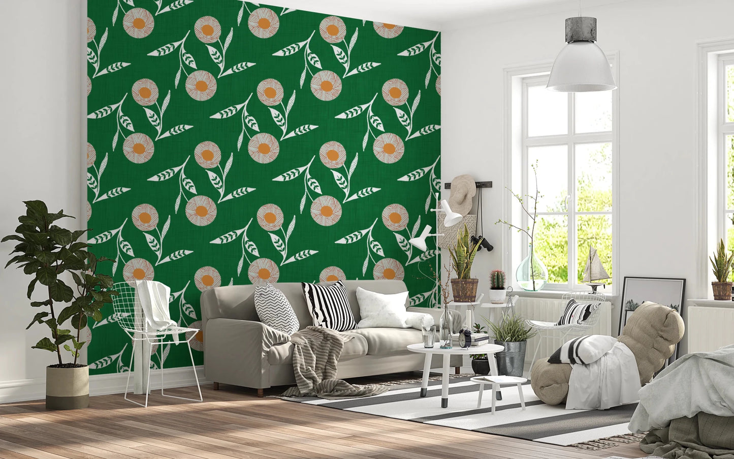 Bright open lounge refreshed by forest green florals and light woven-texture detail