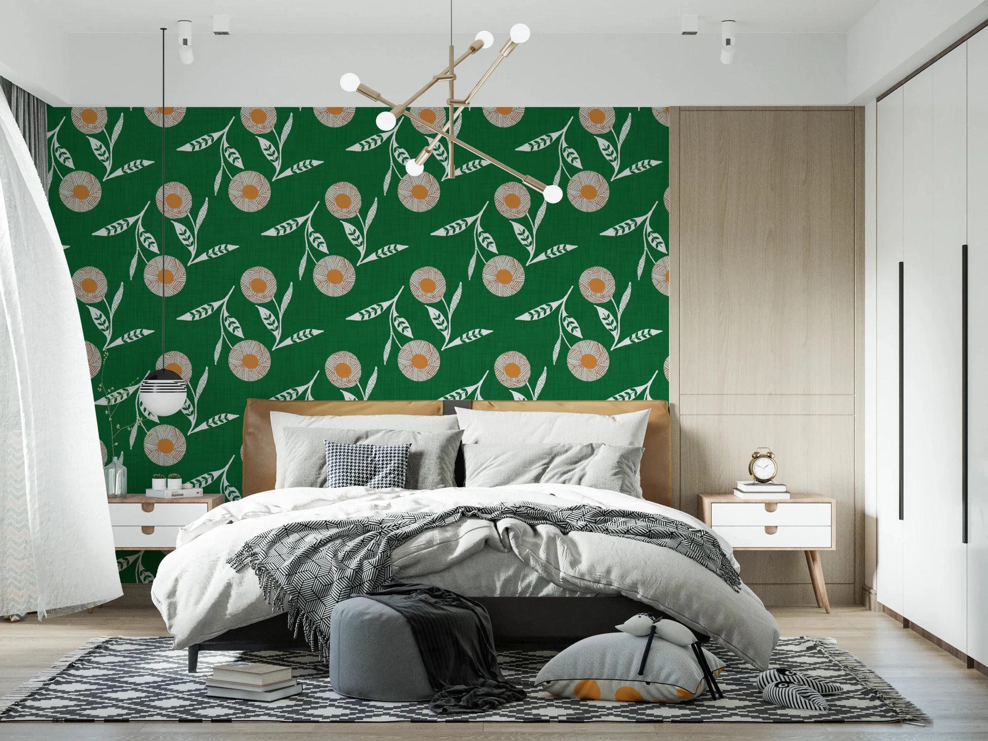 Bedroom styled in forest green botanical pattern with airy white leaf forms