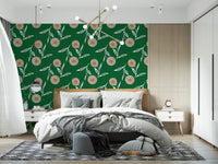 Bedroom styled in forest green botanical pattern with airy white leaf forms