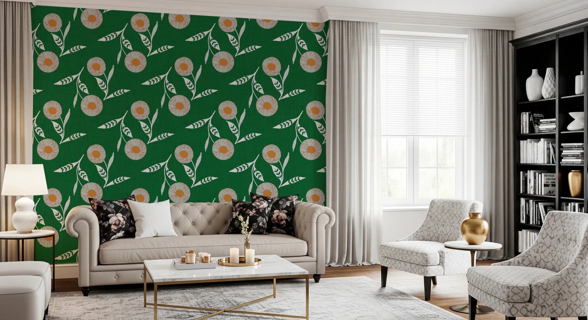 Soft neutral sitting room balanced by bold green wallpaper and playful floral shapes