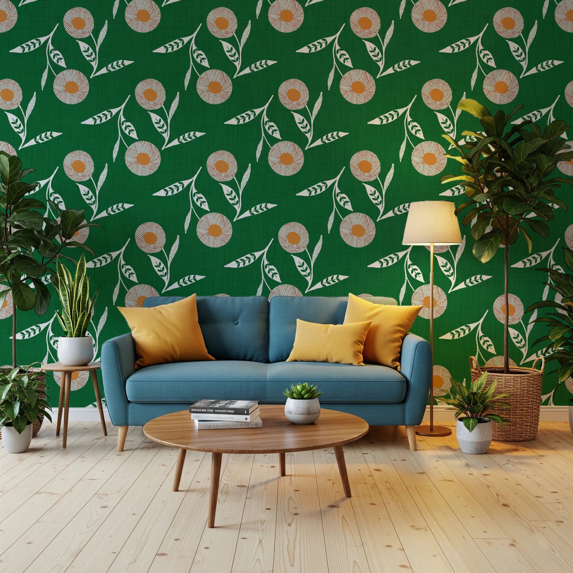 Cozy sofa setting lifted by Scandi flower wallpaper with a rich green backdrop