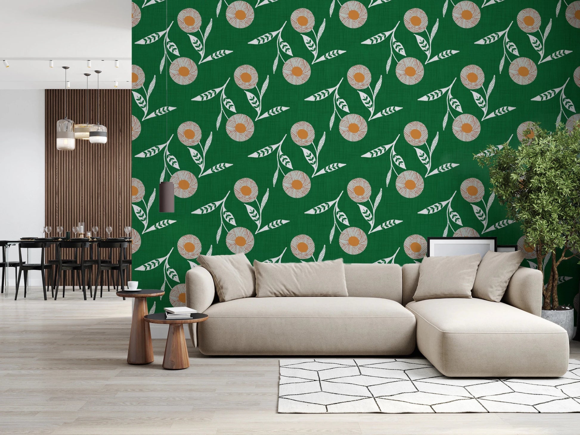 Modern lounging area showing forest green blooms across a lively feature wall