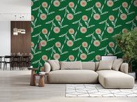 Modern lounging area showing forest green blooms across a lively feature wall