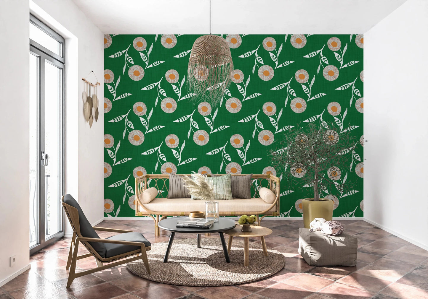 Sunlit corner seating framed by Scandi botanical wallpaper in a deep green tone