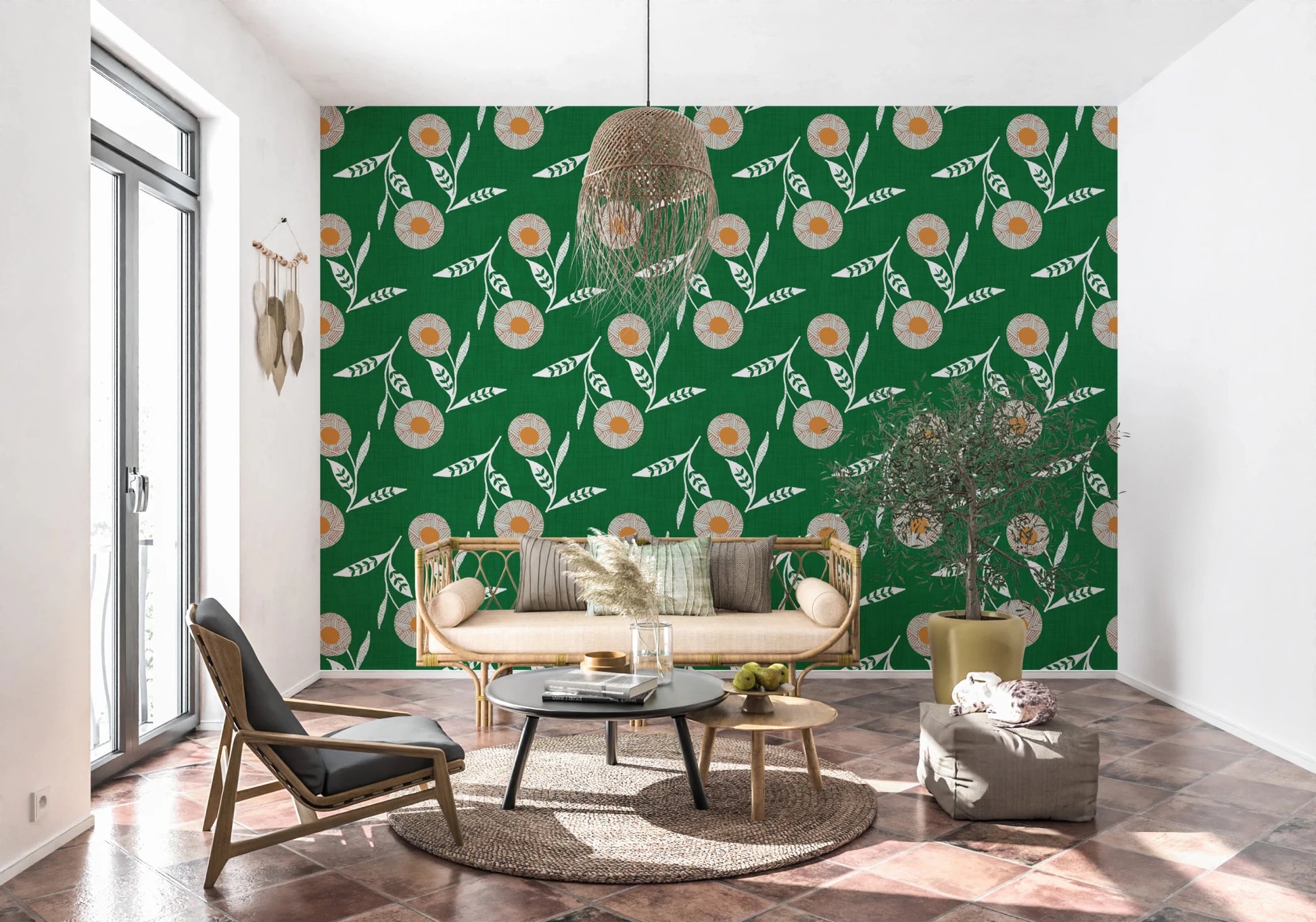 Sunlit corner seating framed by Scandi botanical wallpaper in a deep green tone