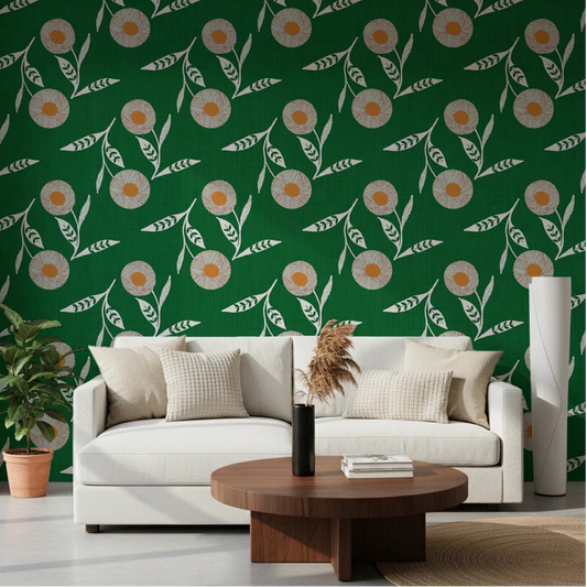 Living room grounded by forest green floral wallpaper with crisp white leaves and blooms