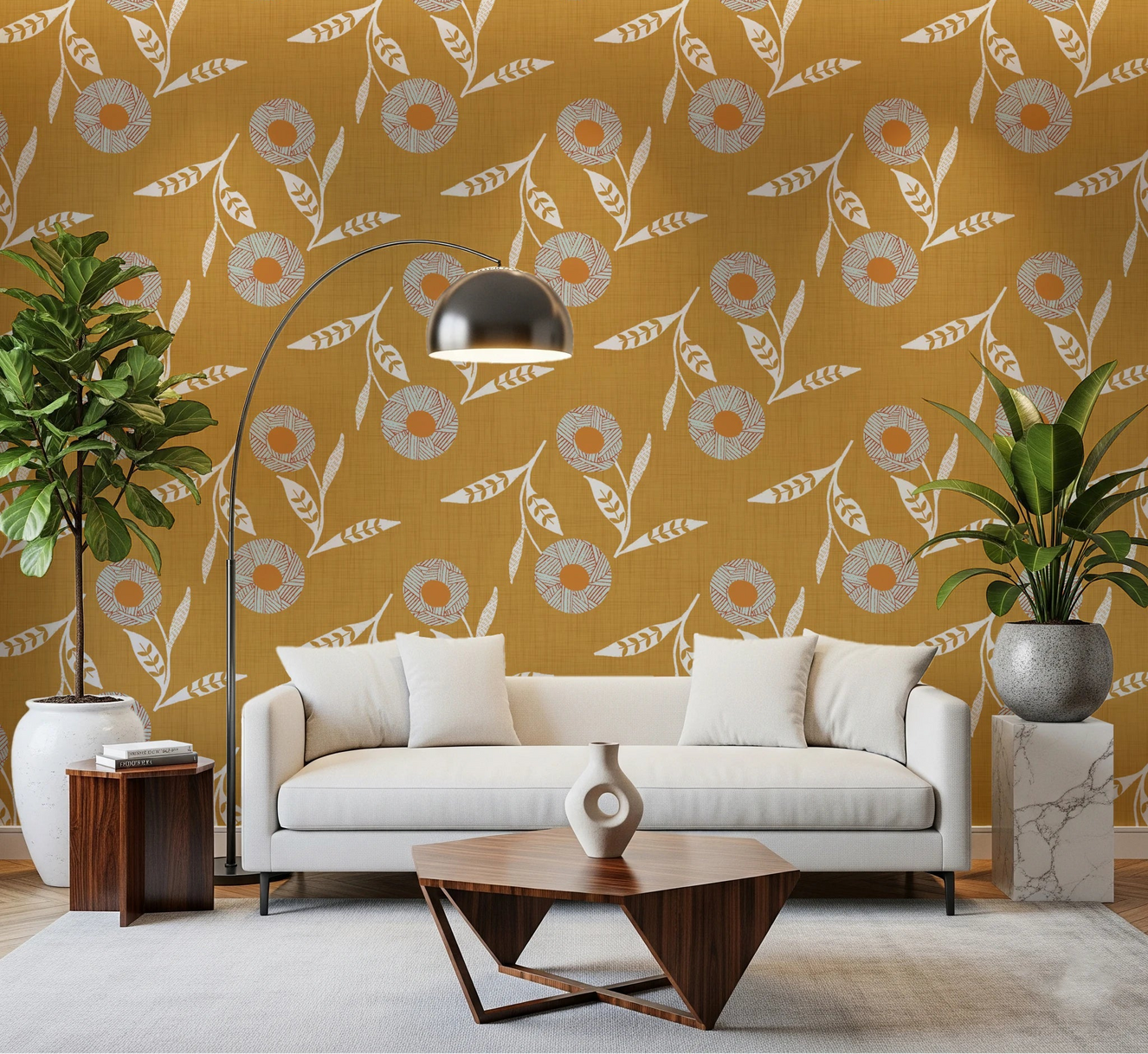 Living room setup shows Cozy Scandi Flower Honey Mustard craft botanical wallpaper
