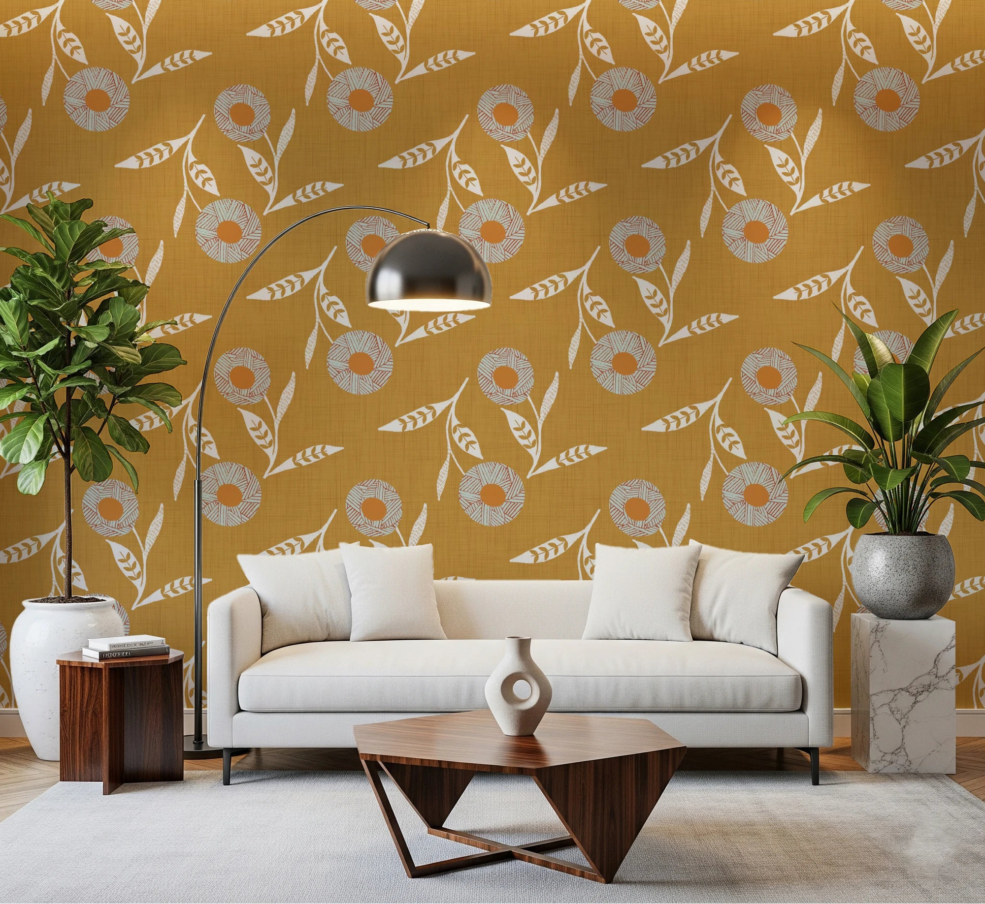 Living room setup shows Cozy Scandi Flower Honey Mustard craft botanical wallpaper, GD8616