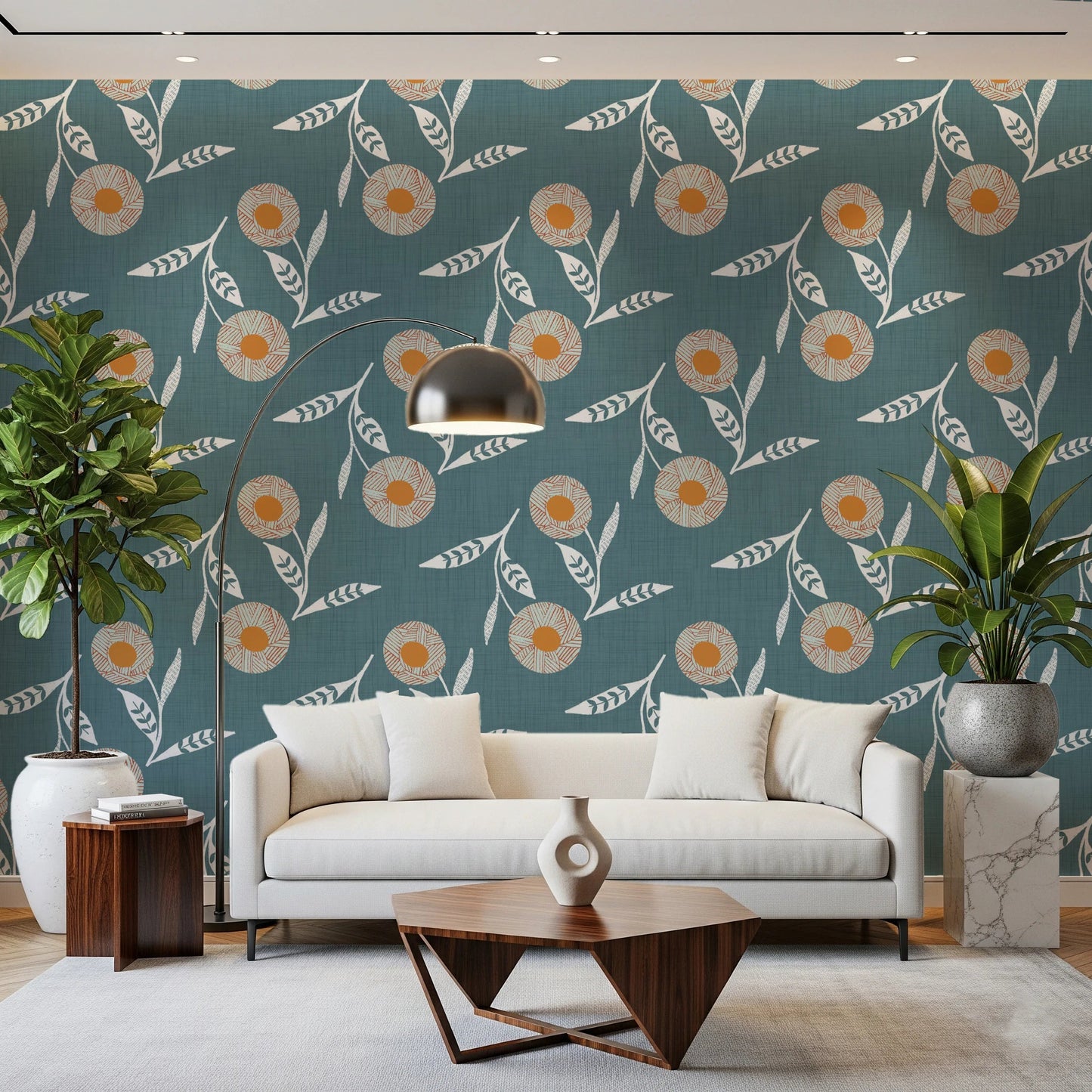 Modern sitting area styled in Cozy Scandi Flower Nordic Blue Grey wallpaper backdrop, GD8614